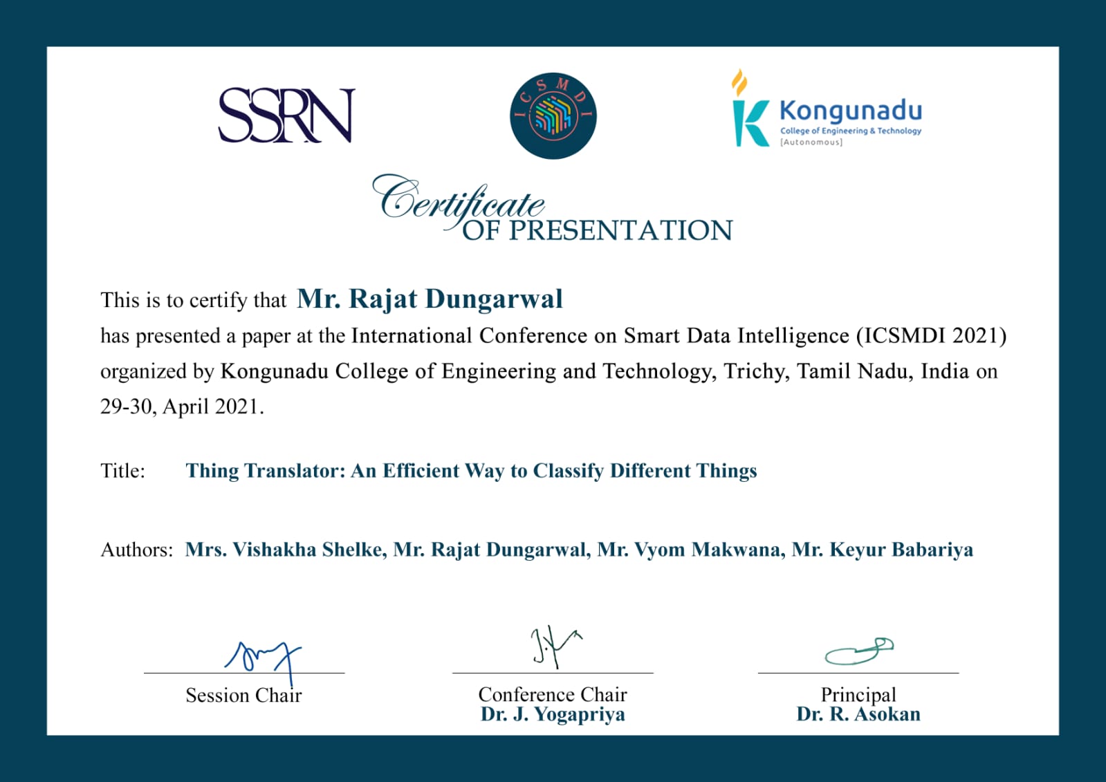 Research paper published Certificate